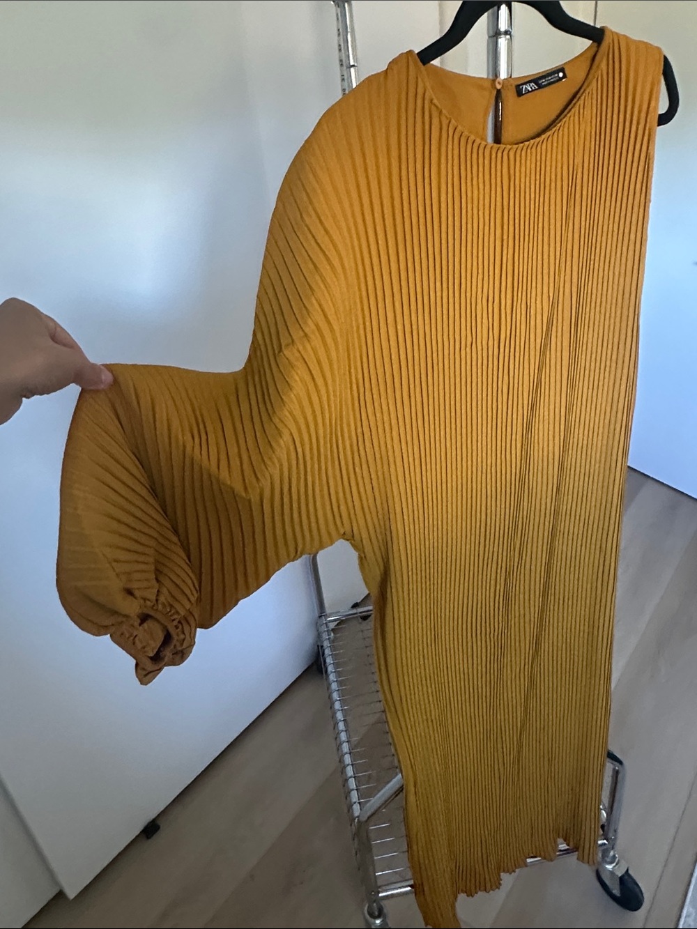 Zara Asymmetrical One-Sleeve Ribbed Dress in Mustard